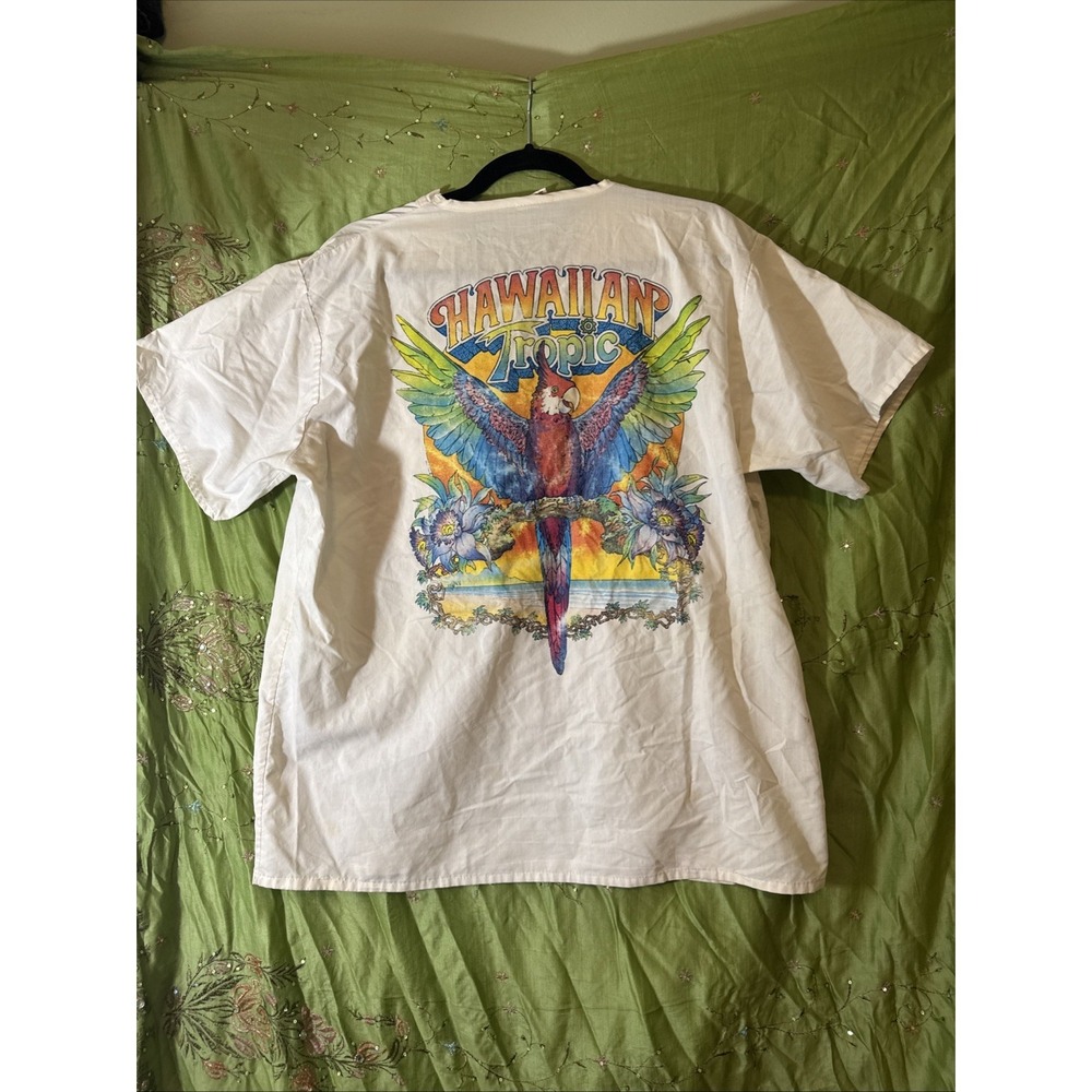 Vintage 80s Hawaiian Tropic SCRUB‎ SHIRT Colorful Parrot Bird Mens Large READ